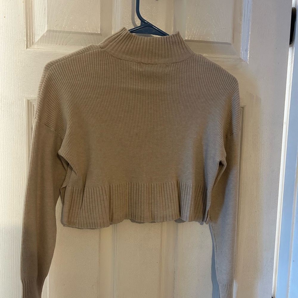 Tan Ribbed Cropped Sweater - Picture 2 of 3